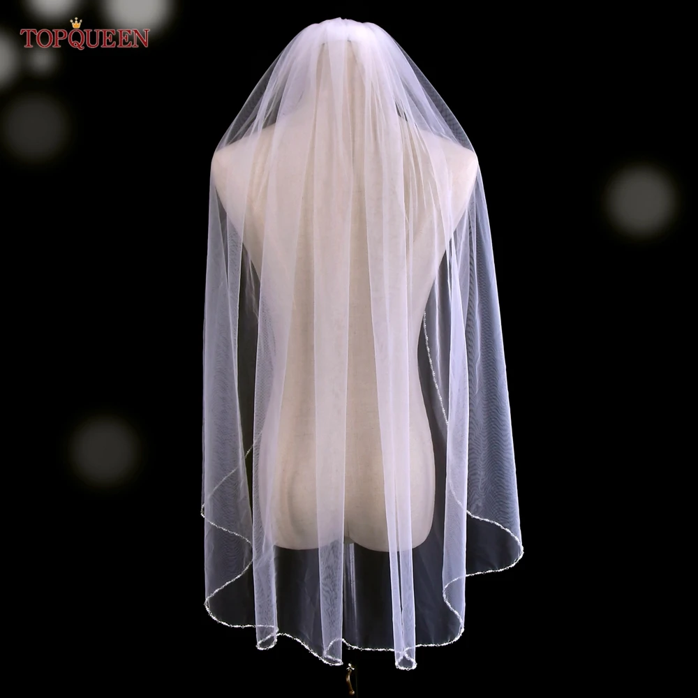 TOPQUEEN V107 Cathedral Bridal Wedding Veil Crystal Beaded Veil With Crystal Edge 1 Layer Soft Wedding Accessories Customizable