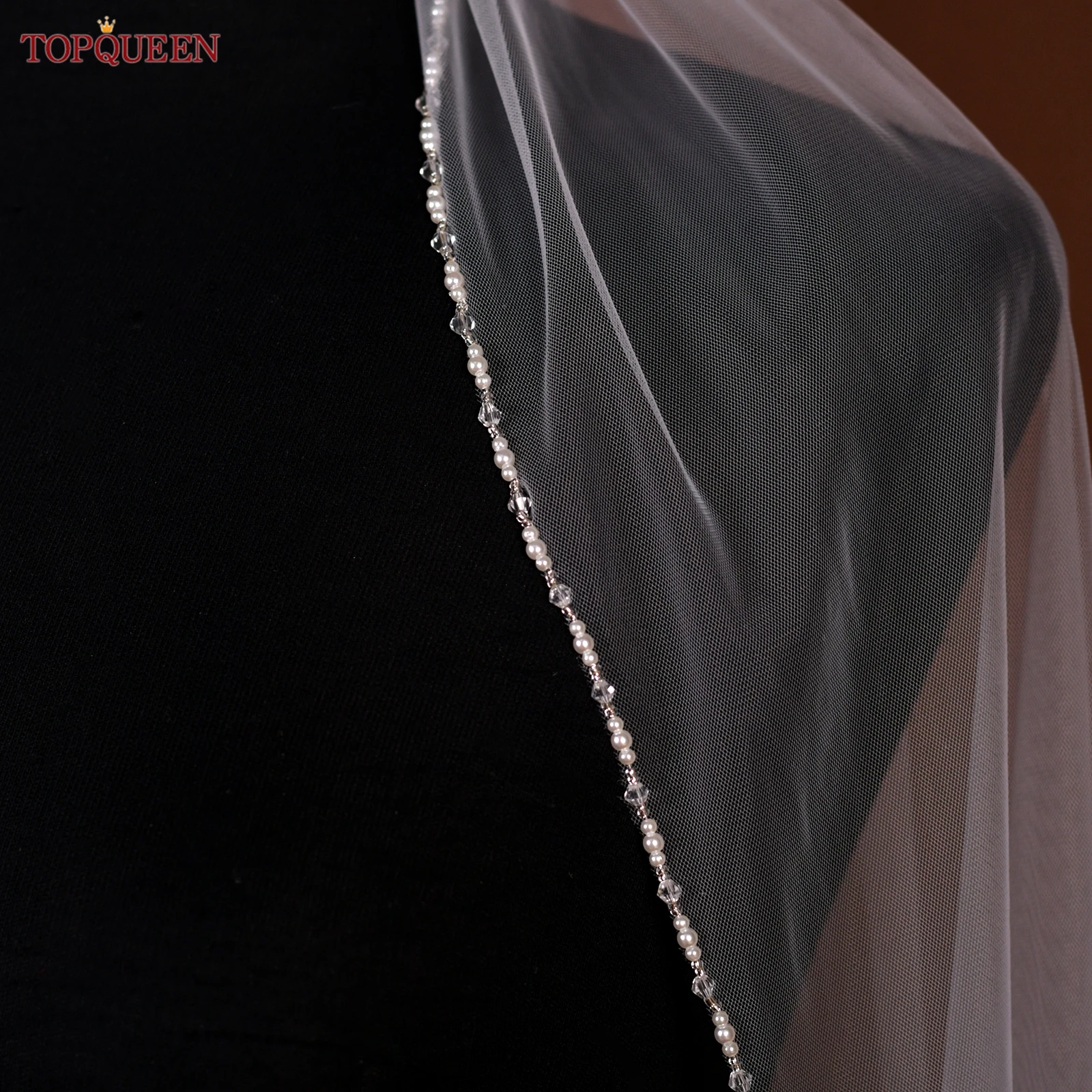 TOPQUEEN V107 Cathedral Bridal Wedding Veil Crystal Beaded Veil With Crystal Edge 1 Layer Soft Wedding Accessories Customizable