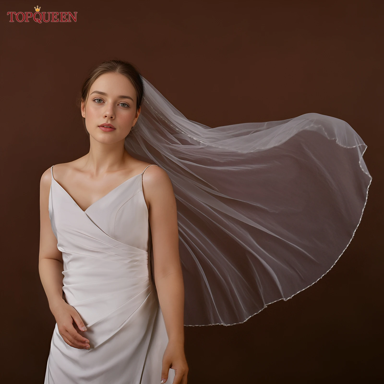 TOPQUEEN V107 Cathedral Bridal Wedding Veil Crystal Beaded Veil With Crystal Edge 1 Layer Soft Wedding Accessories Customizable