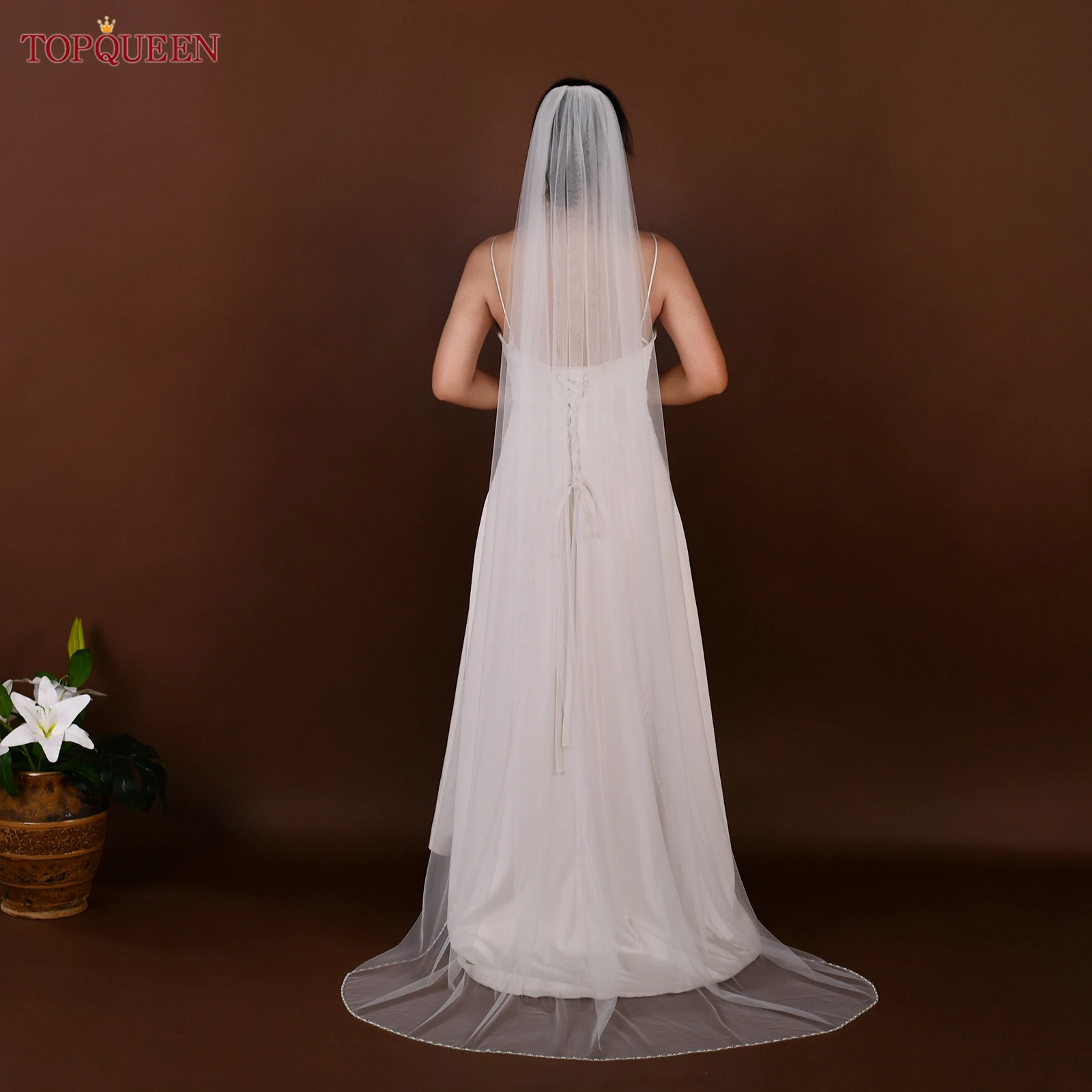 TOPQUEEN V107 Cathedral Bridal Wedding Veil Crystal Beaded Veil With Crystal Edge 1 Layer Soft Wedding Accessories Customizable