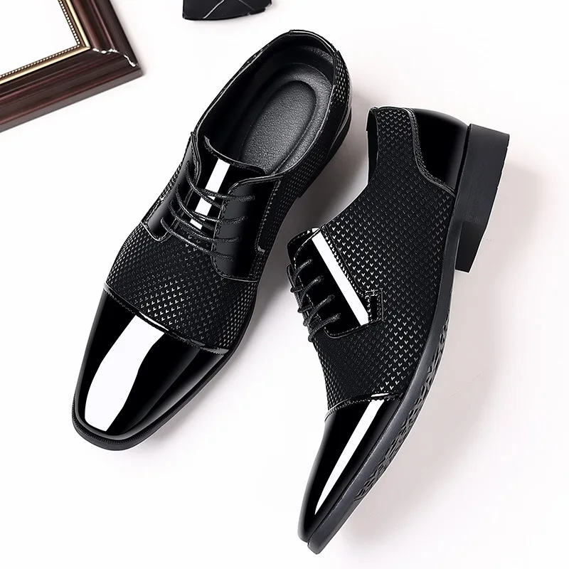 Luxury Men's Dress Shoes PU Leather Shoes Lace Up Office Black Oxfords Flats Wedding Party Shoe Business Pointed Toe Men Shoes