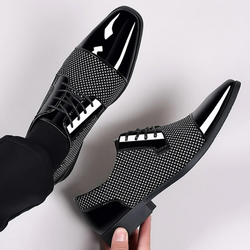 Luxury Men's Dress Shoes PU Leather Shoes Lace Up Office Black Oxfords Flats Wedding Party Shoe Business Pointed Toe Men Shoes