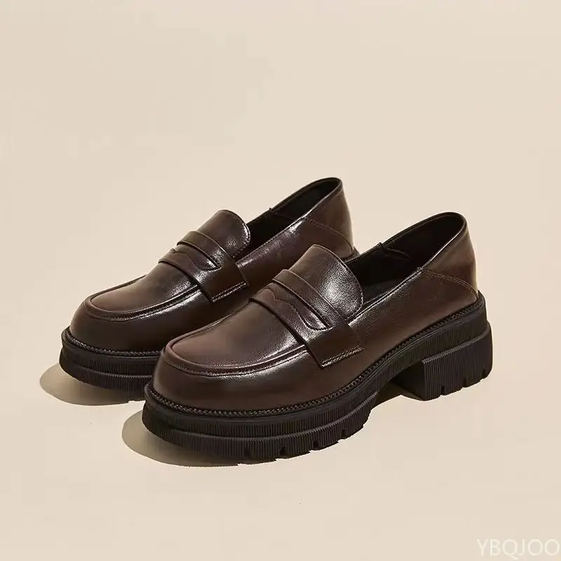 Women's Casual leather Shoes Fashion Thick soled Pumps Solid Color Breathable Loafers Fashion comfort ladies high heels Zapatos