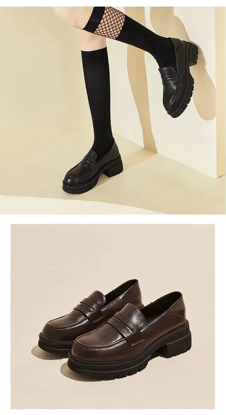 Women's Casual leather Shoes Fashion Thick soled Pumps Solid Color Breathable Loafers Fashion comfort ladies high heels Zapatos