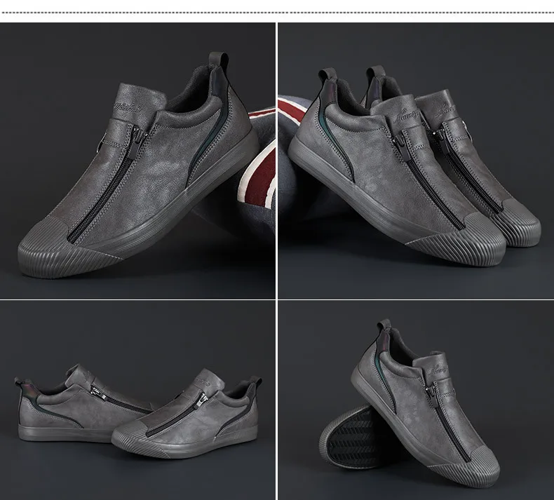 Winter Men Leather Casual Shoes Fashion Double Zipper High Tops Flat Shoes Slip on Plush Male Sneakers Loafers Tenis Masculino