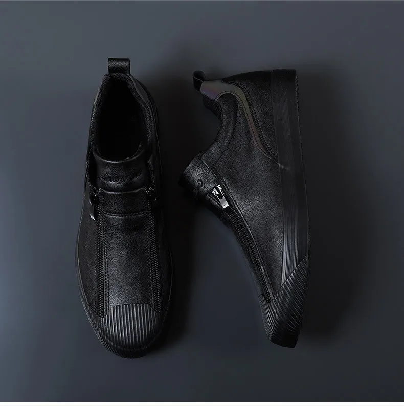 Winter Men Leather Casual Shoes Fashion Double Zipper High Tops Flat Shoes Slip on Plush Male Sneakers Loafers Tenis Masculino