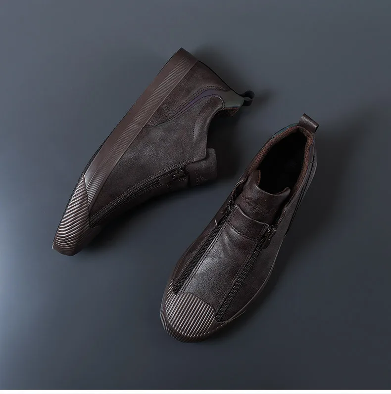 Winter Men Leather Casual Shoes Fashion Double Zipper High Tops Flat Shoes Slip on Plush Male Sneakers Loafers Tenis Masculino