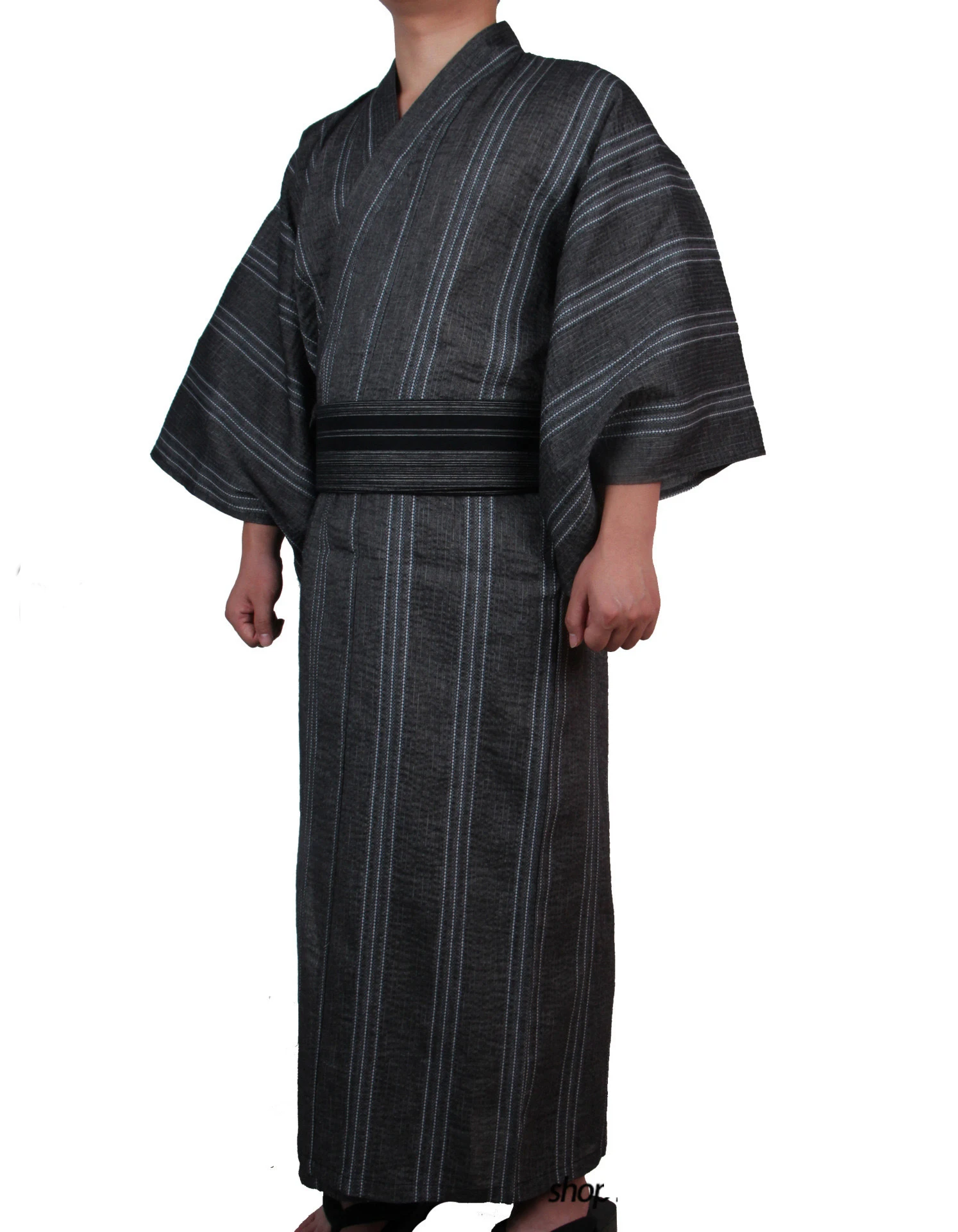 Japanese Traditional Samurai Kimono For Men Yukata Bathing Robe Hekoobi Loose Style Sauna Wear Homewear Belt Long Gown Cotton