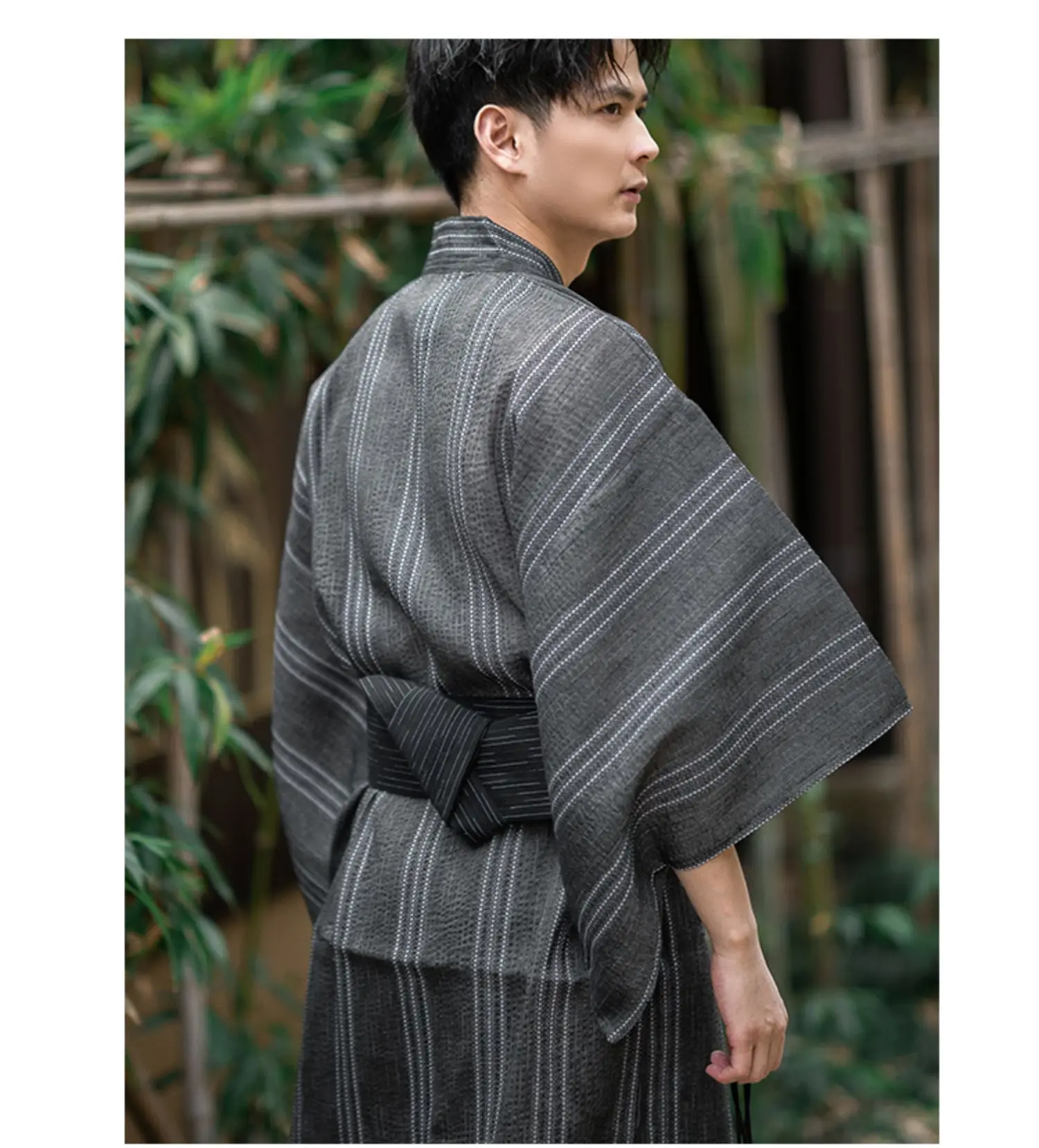 Japanese Traditional Samurai Kimono For Men Yukata Bathing Robe Hekoobi Loose Style Sauna Wear Homewear Belt Long Gown Cotton