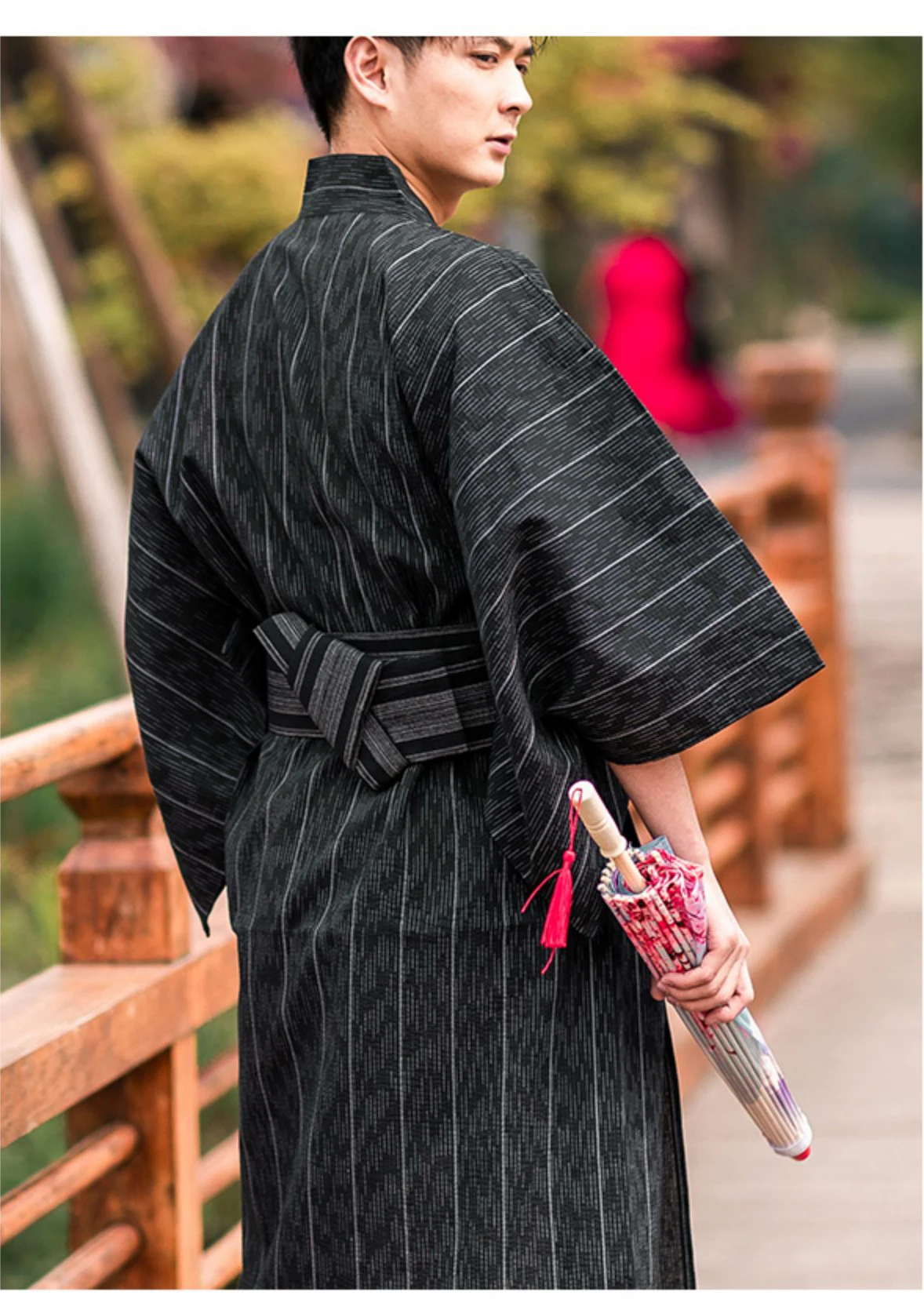 Japanese Traditional Samurai Kimono For Men Yukata Bathing Robe Hekoobi Loose Style Sauna Wear Homewear Belt Long Gown Cotton