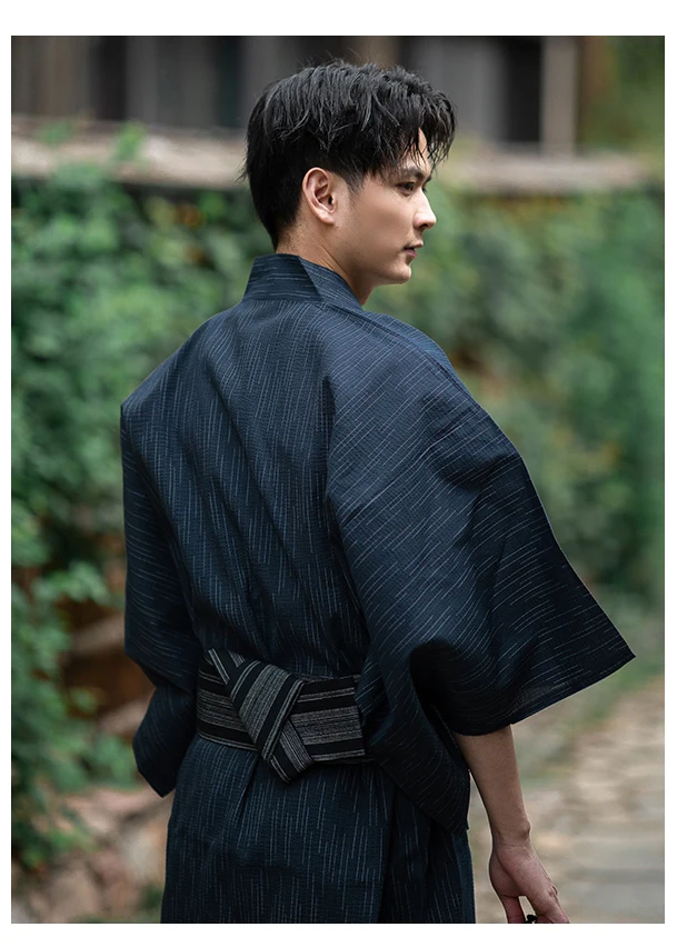 Japanese Traditional Samurai Kimono For Men Yukata Bathing Robe Hekoobi Loose Style Sauna Wear Homewear Belt Long Gown Cotton