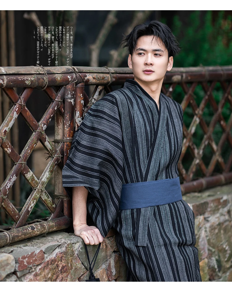 Japanese Traditional Samurai Kimono For Men Yukata Bathing Robe Hekoobi Loose Style Sauna Wear Homewear Belt Long Gown Cotton