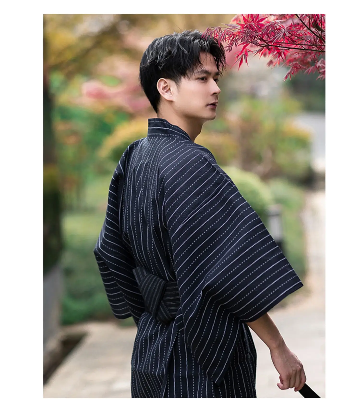 Japanese Traditional Samurai Kimono For Men Yukata Bathing Robe Hekoobi Loose Style Sauna Wear Homewear Belt Long Gown Cotton