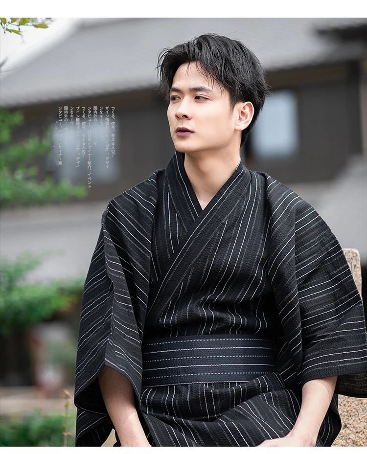 Japanese Traditional Samurai Kimono For Men Yukata Bathing Robe Hekoobi Loose Style Sauna Wear Homewear Belt Long Gown Cotton