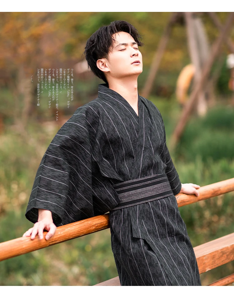 Japanese Traditional Samurai Kimono For Men Yukata Bathing Robe Hekoobi Loose Style Sauna Wear Homewear Belt Long Gown Cotton