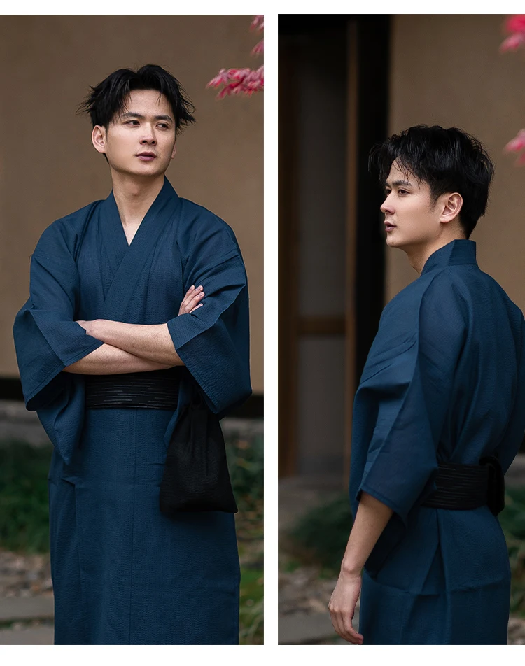 Japanese Traditional Samurai Kimono For Men Yukata Bathing Robe Hekoobi Loose Style Sauna Wear Homewear Belt Long Gown Cotton