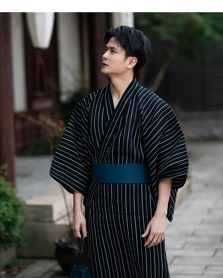 Japanese Traditional Samurai Kimono For Men Yukata Bathing Robe Hekoobi Loose Style Sauna Wear Homewear Belt Long Gown Cotton