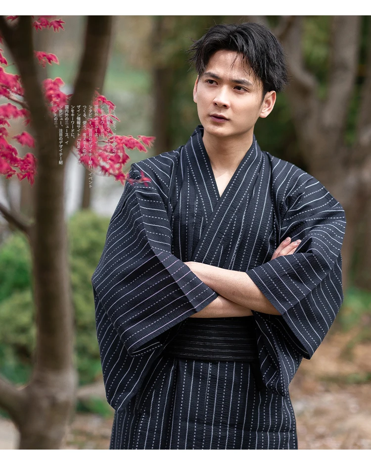 Japanese Traditional Samurai Kimono For Men Yukata Bathing Robe Hekoobi Loose Style Sauna Wear Homewear Belt Long Gown Cotton