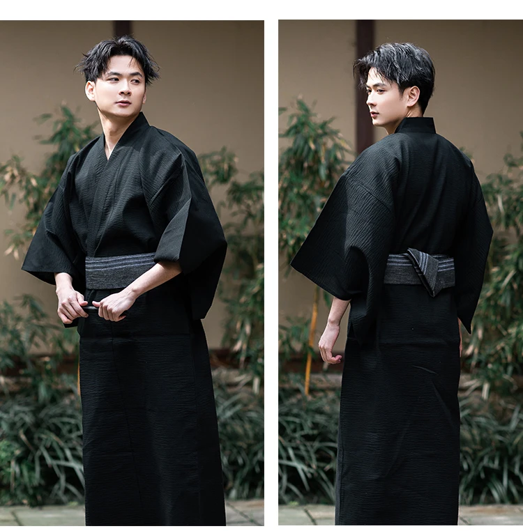 Japanese Traditional Samurai Kimono For Men Yukata Bathing Robe Hekoobi Loose Style Sauna Wear Homewear Belt Long Gown Cotton