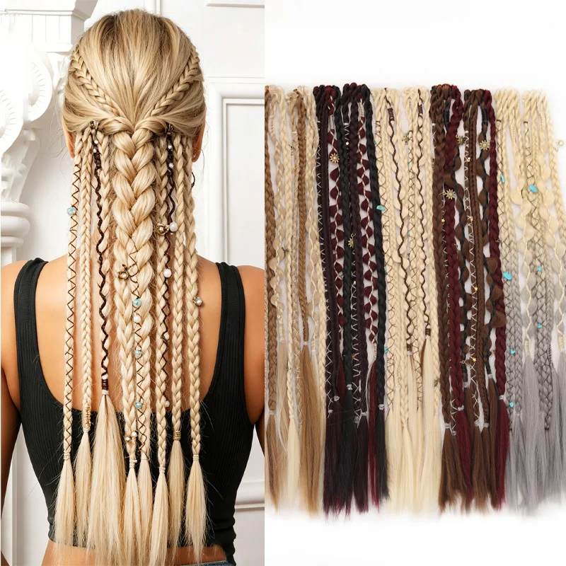 Bohemian Long Hair Braid Hand Woven Wig Braid with Decorative Hair Accessories Easy to Wear Synthetic Hair Clip Braid synthetic