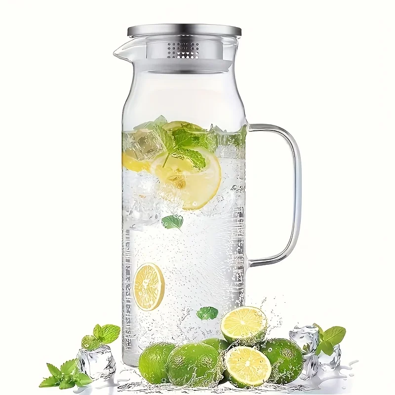 1pc 1L/1.5L Borosilicate Glass Straight Water Pitcher with Stainless Steel Lid, Household Juice Jug, Suitable for Coffee, Juice