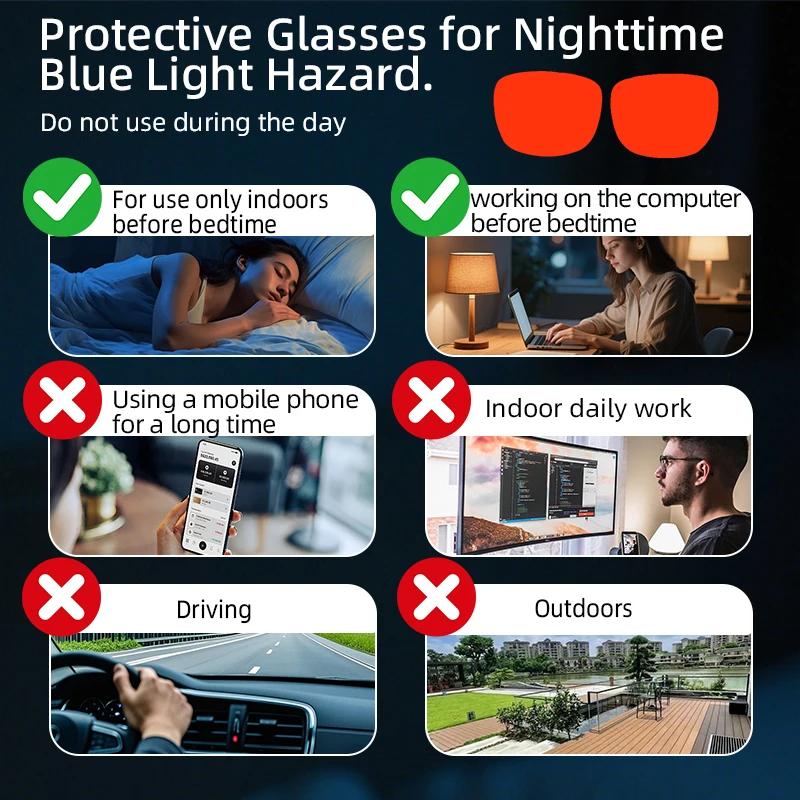Blue Light Protection Eyewear Women Red Lens Glasses Men Better Sleep Night Improve Improve Sleep Insomnia Metal Frame 3 Size