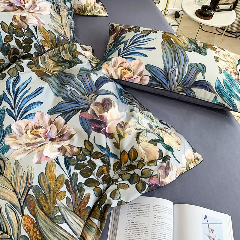 29Color 4/6Pcs Luxury Egyptian Cotton Bedding Set Queen King size Bright Flamingo Leaf Duvet Cover Bed sheet set Fitted sheet