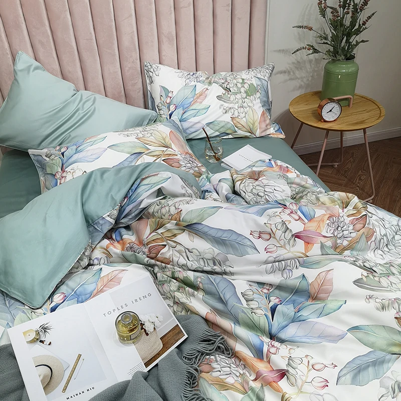 29Color 4/6Pcs Luxury Egyptian Cotton Bedding Set Queen King size Bright Flamingo Leaf Duvet Cover Bed sheet set Fitted sheet