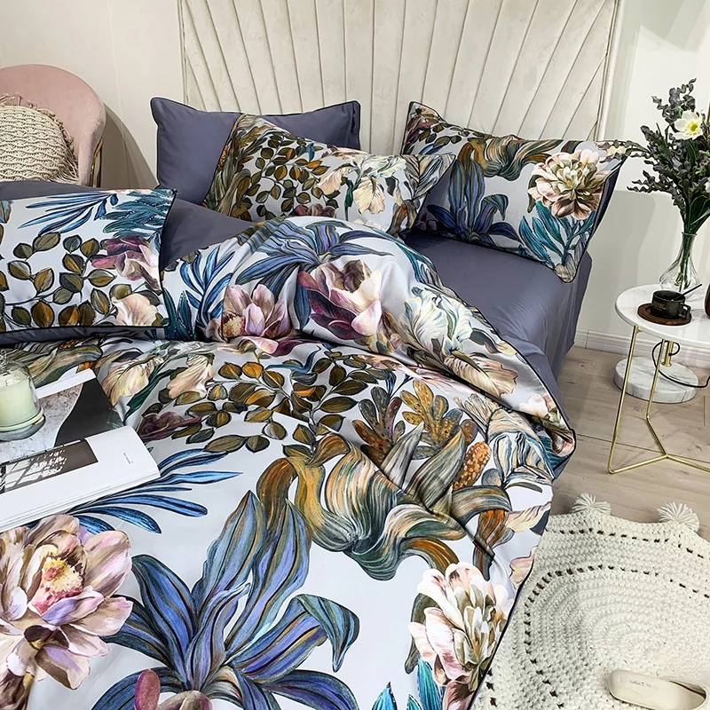 29Color 4/6Pcs Luxury Egyptian Cotton Bedding Set Queen King size Bright Flamingo Leaf Duvet Cover Bed sheet set Fitted sheet