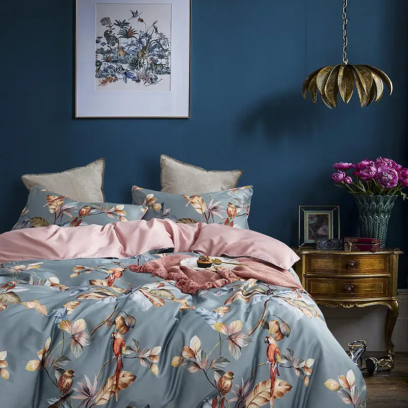 29Color 4/6Pcs Luxury Egyptian Cotton Bedding Set Queen King size Bright Flamingo Leaf Duvet Cover Bed sheet set Fitted sheet