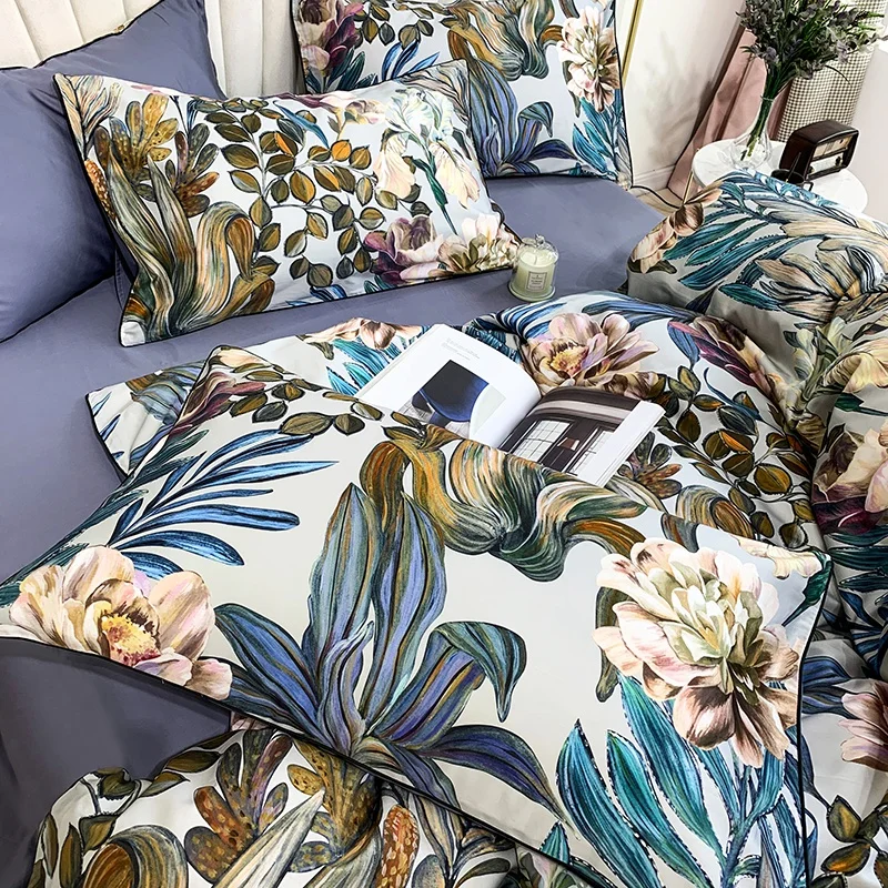 29Color 4/6Pcs Luxury Egyptian Cotton Bedding Set Queen King size Bright Flamingo Leaf Duvet Cover Bed sheet set Fitted sheet