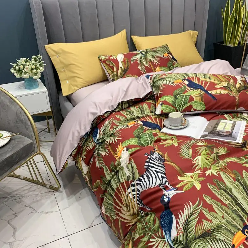 29Color 4/6Pcs Luxury Egyptian Cotton Bedding Set Queen King size Bright Flamingo Leaf Duvet Cover Bed sheet set Fitted sheet