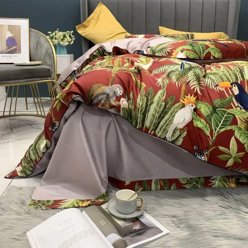 29Color 4/6Pcs Luxury Egyptian Cotton Bedding Set Queen King size Bright Flamingo Leaf Duvet Cover Bed sheet set Fitted sheet