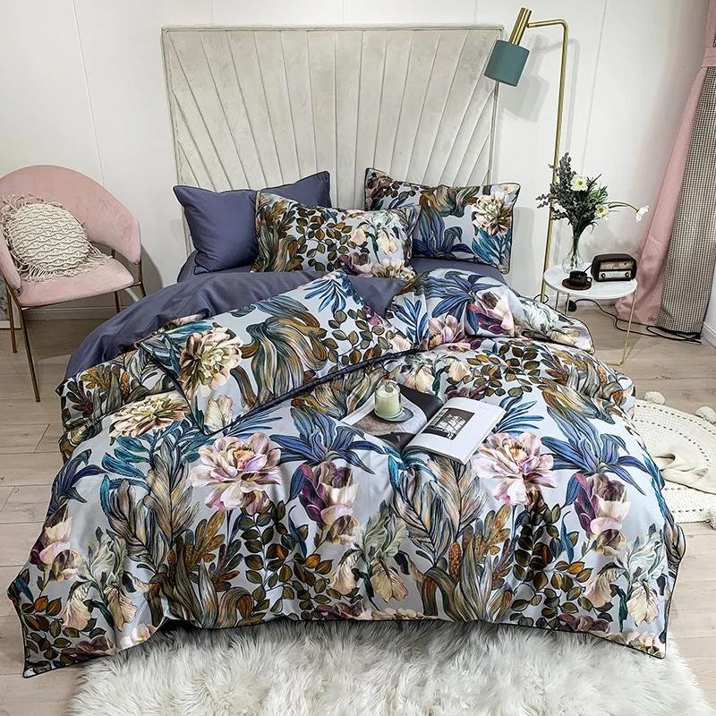 29Color 4/6Pcs Luxury Egyptian Cotton Bedding Set Queen King size Bright Flamingo Leaf Duvet Cover Bed sheet set Fitted sheet