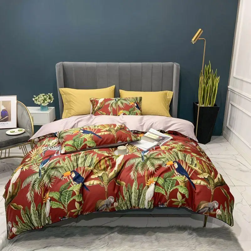 29Color 4/6Pcs Luxury Egyptian Cotton Bedding Set Queen King size Bright Flamingo Leaf Duvet Cover Bed sheet set Fitted sheet