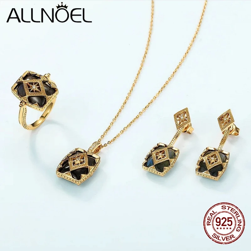 ALLNOEL Vintage 925 Sterling Silver Natural Labradorite Ring Pendant Earring Fashion Jewelry Christmas Party Gift Accessories