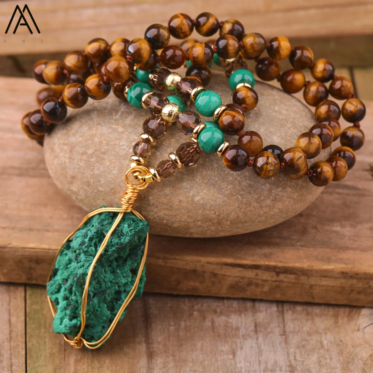Ethnic Malachite Jasper Pendant Necklaces Women 8mm Tiger Eye Stone Knotted Woven Necklace Fashion Handmade Jewelry Gifts Bijoux