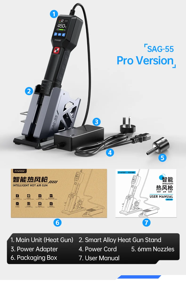 FNIRSI SAG-55 Micro Hot Air Gun 550W With Stand BGA Rework LCD Digital Hair Dryer Soldering Heat Gun For Welding Repair Tools