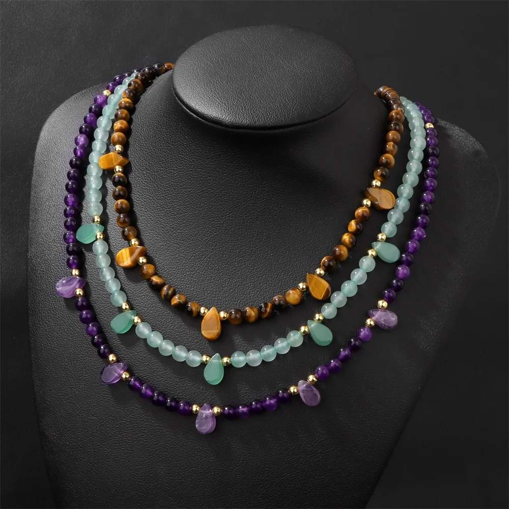 4mm Green Aventurine Beads Necklace Natural Stone Water Drop Charm Necklaces For Women Men Amethysts Tiger Eye Choker Jewelry