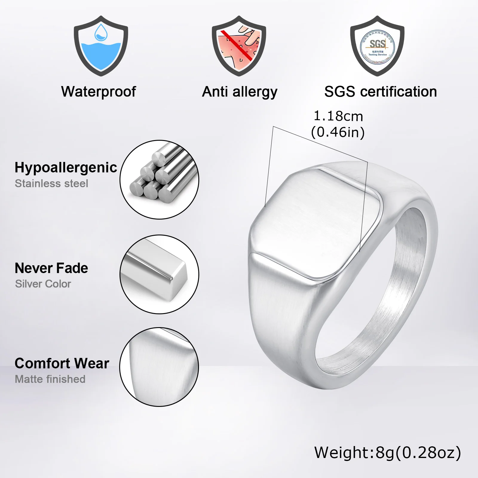 Silver Color Square Signet Ring for Men Women,Brushed Stainless Steel Ring Band Ring,Basic Chunky Ring Thumb Ring
