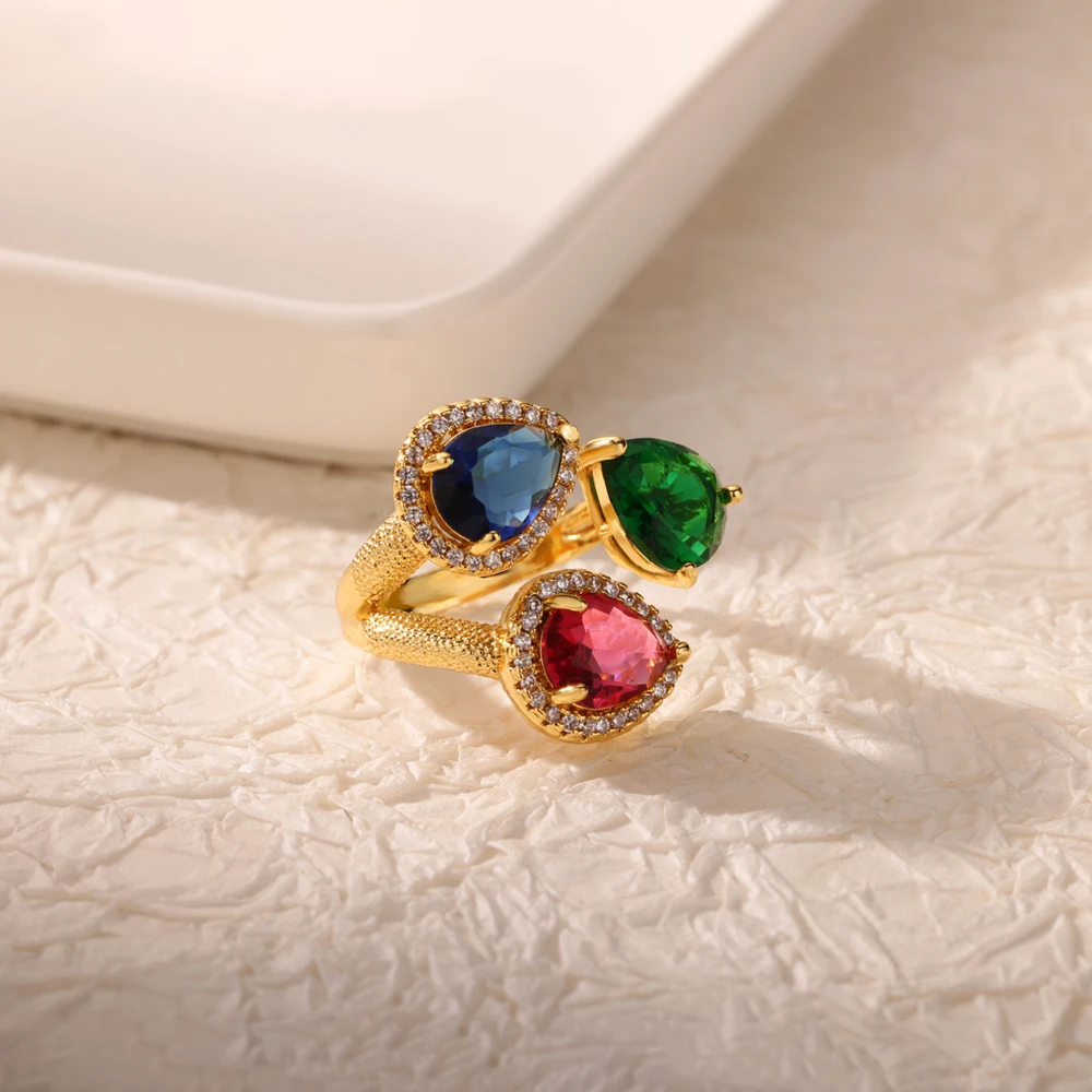 Luxury Stainless Steel Rings Gold Plated Colorful Stone Zircon Crystal Heart Ring For Women Wedding Boho Jewelry Christmas Gift