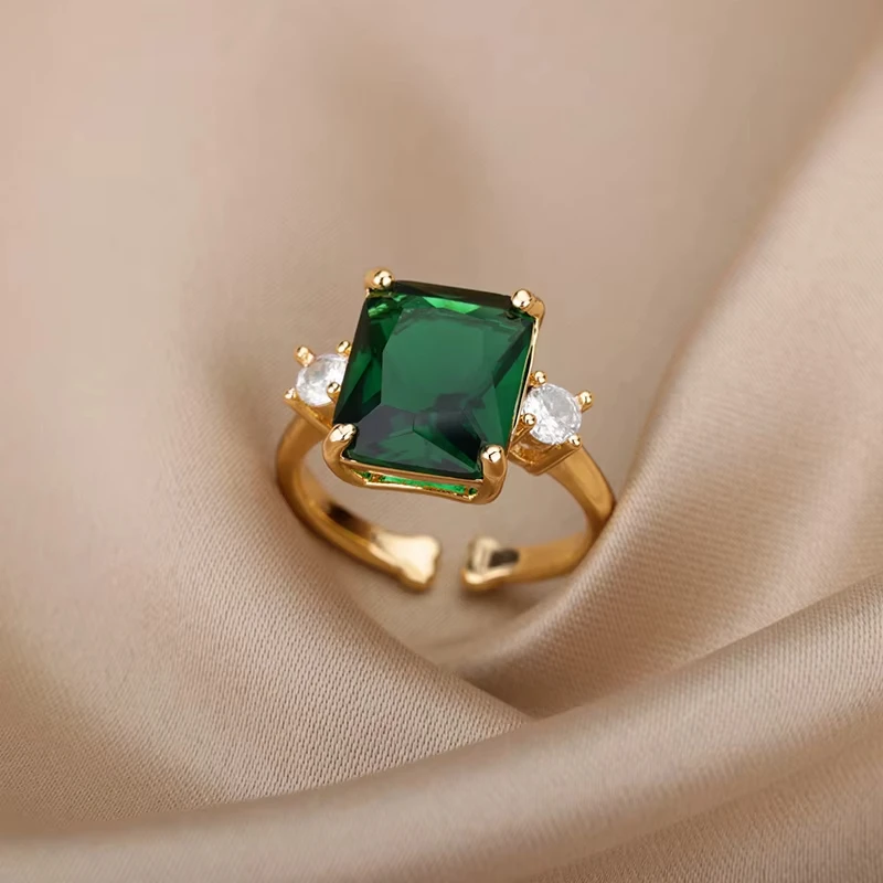 Luxury Stainless Steel Rings Gold Plated Colorful Stone Zircon Crystal Heart Ring For Women Wedding Boho Jewelry Christmas Gift