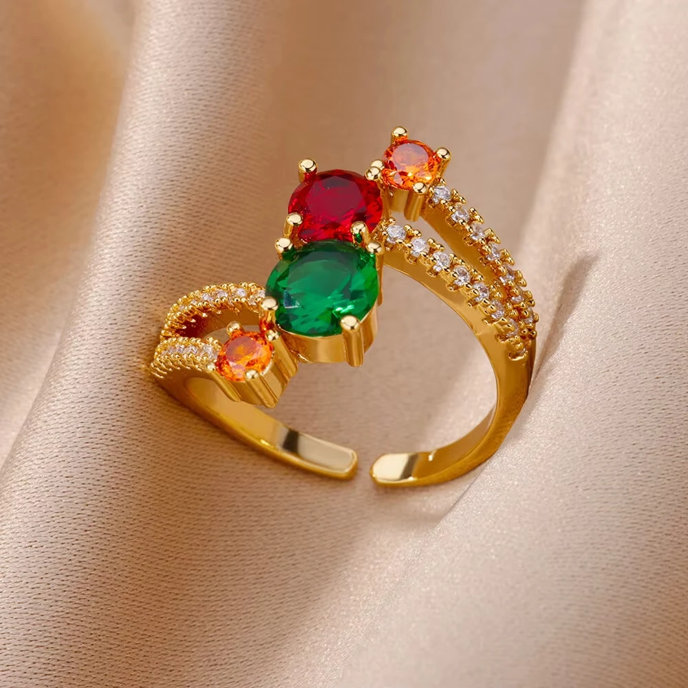 Luxury Stainless Steel Rings Gold Plated Colorful Stone Zircon Crystal Heart Ring For Women Wedding Boho Jewelry Christmas Gift