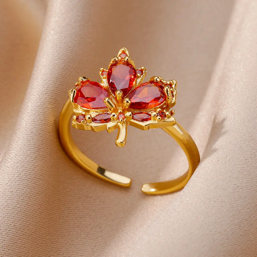 Luxury Stainless Steel Rings Gold Plated Colorful Stone Zircon Crystal Heart Ring For Women Wedding Boho Jewelry Christmas Gift