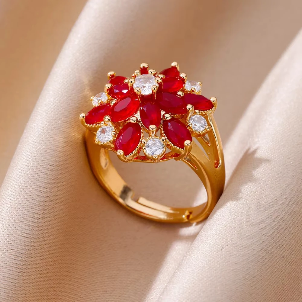 Luxury Stainless Steel Rings Gold Plated Colorful Stone Zircon Crystal Heart Ring For Women Wedding Boho Jewelry Christmas Gift