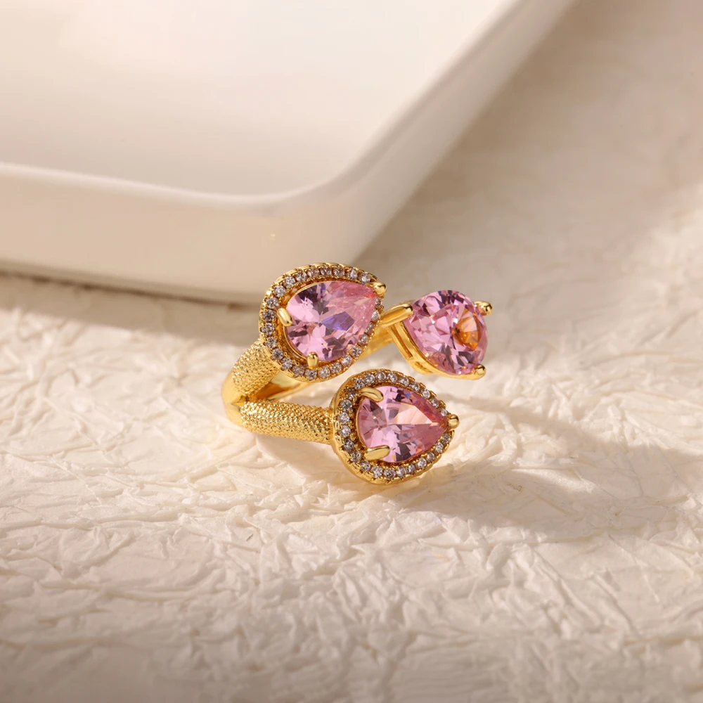 Luxury Stainless Steel Rings Gold Plated Colorful Stone Zircon Crystal Heart Ring For Women Wedding Boho Jewelry Christmas Gift