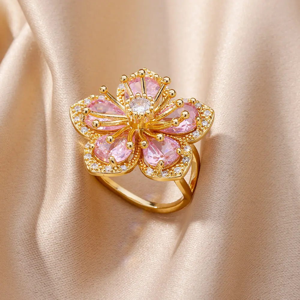 Luxury Stainless Steel Rings Gold Plated Colorful Stone Zircon Crystal Heart Ring For Women Wedding Boho Jewelry Christmas Gift