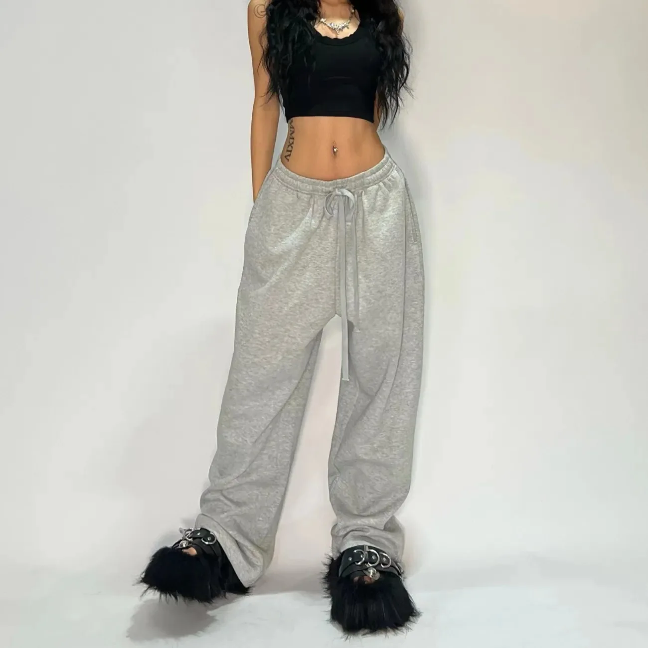 Y2k Gray Casual Pants Vintage Functional Tactical Men's Women's Premium Jogging Wide Leg Pants Drawstring Streetwear Sweatpants