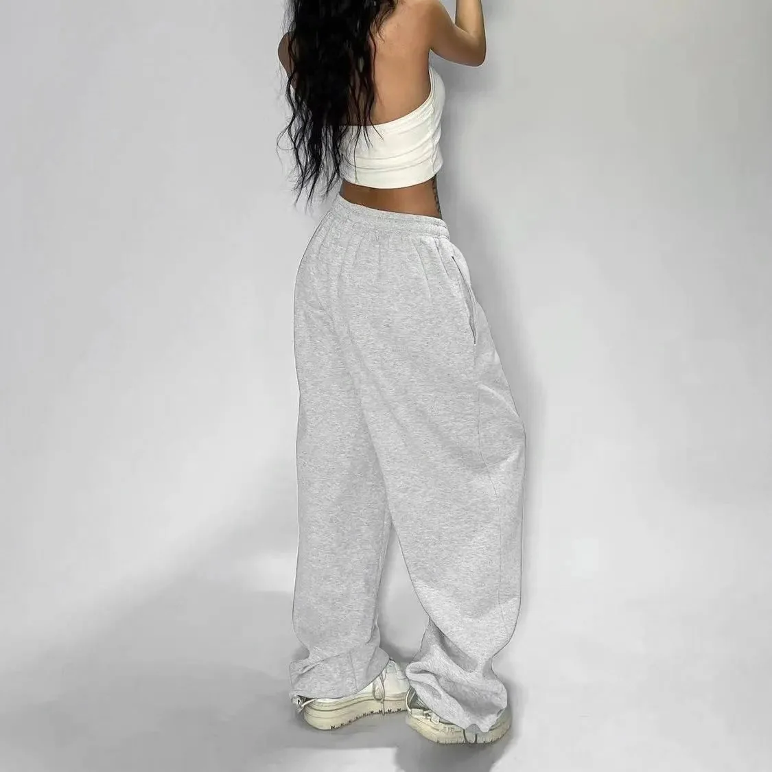 Y2k Gray Casual Pants Vintage Functional Tactical Men's Women's Premium Jogging Wide Leg Pants Drawstring Streetwear Sweatpants