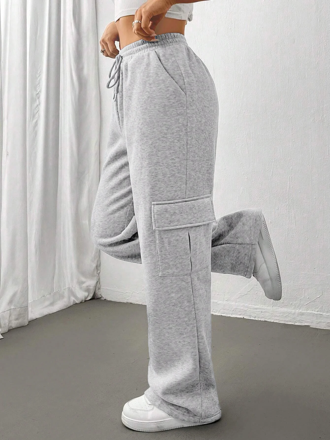 Women's Solid Thermal Lined Pants, Casual Comfy Side Pocket Drawstring Trousers for Winter, Women's Bottoms for Sport Daily Wear